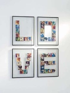 three frames with different pictures hanging on the wall above them, each holding a letter