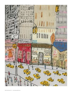 this is an image of a city street with yellow cabs and people on it