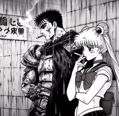 two anime characters standing next to each other in front of a wall with graffiti on it