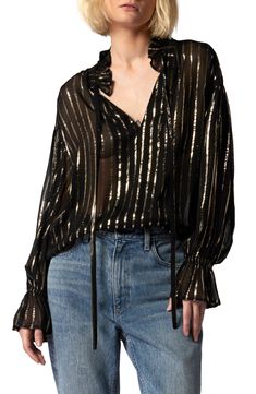 Gold foil stripes let you shine your brightest in this sheer, lightweight top that features a back cutout to bare some skin. Sheer; base layer recommended Stand collar Split neck with ties Long sleeves with elastic cuffs 92% viscose, 8% metallic fibers Dry clean Imported Ruffled Shirt, Cutout Blouse, Silk Sleeveless Top, Blouse Nordstrom, Ruffle Shirt, Women Essentials, Lightweight Tops, Sheer Blouse, Necktie