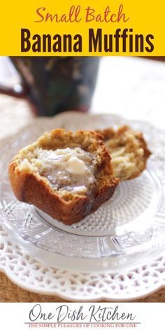 small batch banana muffins on a glass plate with the title in the middle