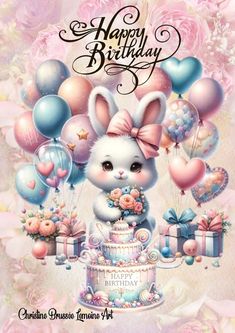 a happy birthday card with an image of a bunny on top of a cake and balloons