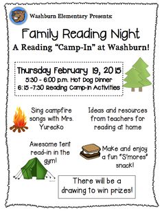 a flyer for the reading camp'n at washburnn, which features camping related items