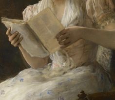 a painting of a woman reading a book with her hands resting on the open book