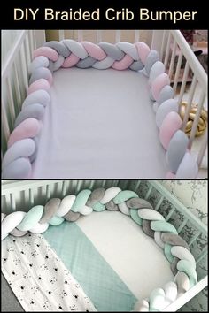 a crib bed is decorated with pastel colors