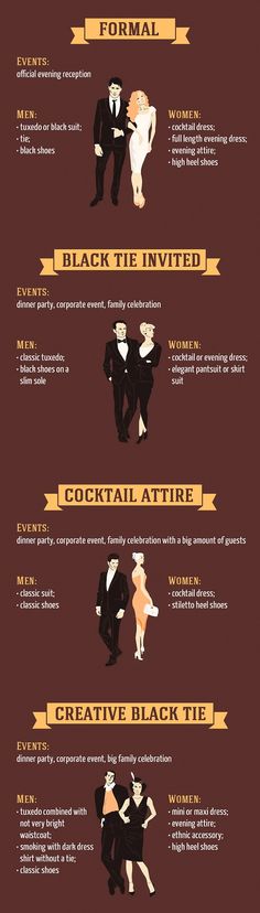 The Best Guide to Basic Dress Code Rules 2 #Infografía #Infographic Mens Cocktail Attire, Cocktail Party Dress Code, Party Dress Code, Creative Black Tie, Etiquette And Manners, Classic Tuxedo