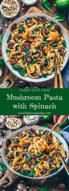 pasta with mushrooms and spinach in a pan