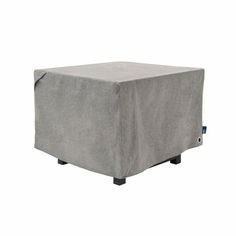 a square ottoman cover with wheels on the bottom and legs, in grey color fabric