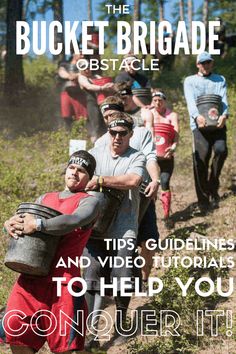 the bucket brigade obstacle poster with two men carrying an object