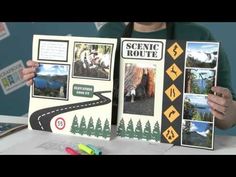 a woman holding up two photos with the words scenic route on them and an image of a road