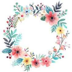 a watercolor wreath with flowers and leaves on it's sides, in the center