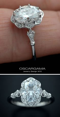 two different views of an engagement ring with diamonds on each side and the other side