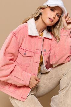 -Color: Neon Pink -Long sleeve -Warm sherpa lining -Point collar -Oversized fit -Button-flap pockets at chest; side pockets -Front button closure -Content: 100% Cotton -Hand wash cold -Imported -Model is wearing size Small Sherpa Trucker Jacket, Women Suits, Corduroy Fabric, Sherpa Jacket, Sporty Chic, Trucker Jacket, Sherpa Lined, Barbie Girl, Raw Edge