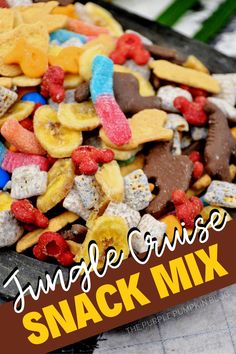 some kind of snack mix in a bowl with the words jungle cruise snack mix on it