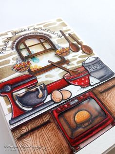 a card with an oven and cooking utensils on it