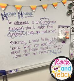 a whiteboard with writing on it in front of a sign that says rock and teach