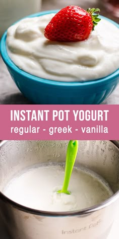 yogurt in a blue bowl with a green straw on top and the words instant pot yogurt regular - greek vanilla