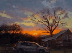 an oil painting of a car parked in front of a barn with the sun setting