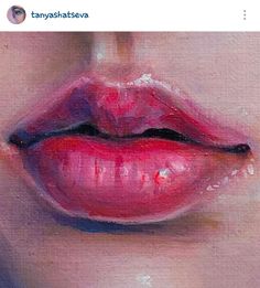 an oil painting of a woman's lips with pink lipstick on her cheek and black tips