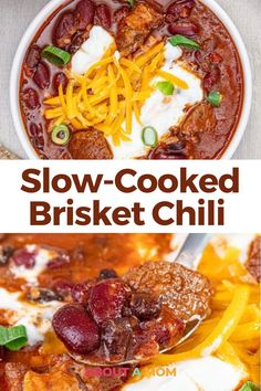 slow cooked brisket chili recipe with meat and cheese