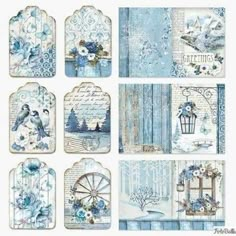 blue and white paper pad set with flowers, birdcage, birds on the tree