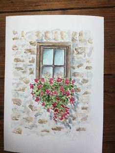 a watercolor painting of a window with red and green flowers in it on a piece of paper