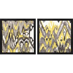 two framed art pieces with yellow and gray designs