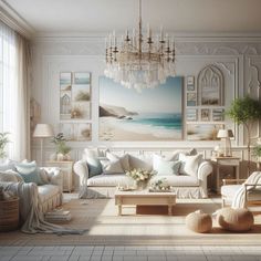 a living room filled with lots of white furniture and paintings on the wall above it