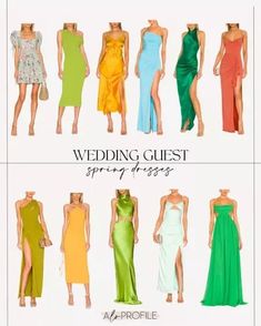 several different types of dresses on display in front of a white background with the words, wedding guest spring / summer 2013