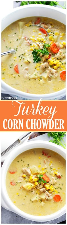 two bowls of turkey corn chowder with carrots and celery