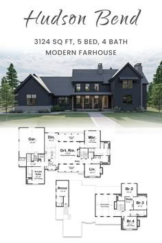 the floor plan for this modern farmhouse style home, with three bedroom and two bathrooms