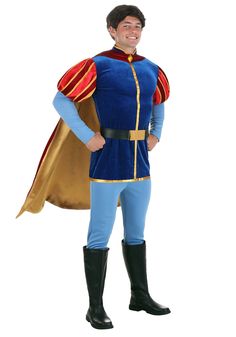 a man dressed in a blue and gold costume standing with his hands on his hips