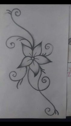 a drawing of a flower with swirls and leaves on the bottom half of it