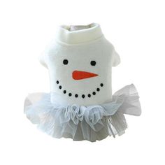 a white dog sweater with a snowman on it's chest and tutu skirt