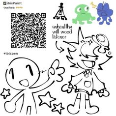 a cartoon character with a qr code next to another character that is holding a toy