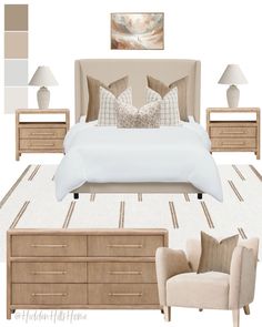 a bedroom is shown with neutral colors and furniture