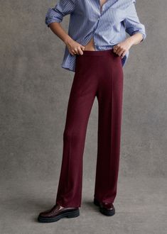 Knitted trousers;Straight wide leg;Elasticated waist;Inside leg length: 75 cm / 29.5 in (for a S) Burgundy Trousers Outfit, Burgundy Pants Outfit, Maroon Pants Outfit, Burgundy Trousers, Maroon Pants, Burgundy Outfit, Burgundy Pants, Trouser Outfit, Trouser Outfits