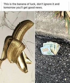 a banana that is laying on the ground next to some money and a gold banana