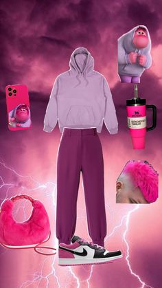 an assortment of items are displayed on a purple and pink background with lightning in the sky