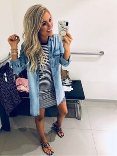 Stripped dress & chambray top Friday Eve, Looks Jeans, Sorority Recruitment, Warm Weather Outfits, Summer Work Outfits, Chambray Top, Sun Shirt, Chambray Shirt