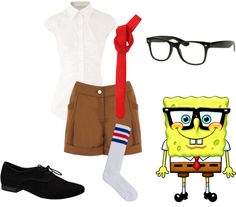 a woman's outfit with glasses, socks and shoes on display next to an image of spongebob