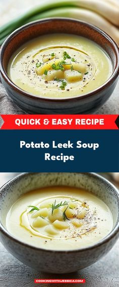 two bowls filled with potato soup on top of a table