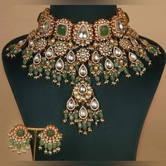 This Stunning Jewelry Set From Mortantra Features A Green Color Jadau Kundan Necklace With Gold Plating, Perfect For Any Special Occasion. The Set Also Includes A Matching Pair Of Earrings, Also With A Green Color And Gold Plating. The Main Choker Stones Are Emerald Shape And Is Set In Gold Plated Brass. This Is Unworn And New - Bought For An Occasion But Didn’t Get To Wear It. Applique Necklace, Diamond Statement Necklace, Boho Contemporary, Beautiful Pearl Necklace, Halloween Necklace, Kundan Necklace, Zircon Jewelry, Handmade Beaded Necklaces, Wrap Necklaces