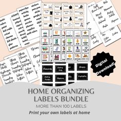 the printable labels for home organizing are shown in black and white