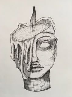 a drawing of a human head with a knife sticking out of it's center