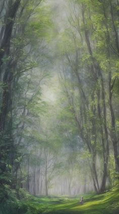 a painting of a person walking through a forest on a foggy day with green grass and trees