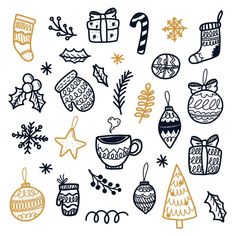 christmas ornaments and decorations drawn in black and gold ink on white paper, with the words merry