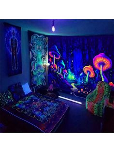 a bed room with a large painting on the wall and mushrooms painted on the walls