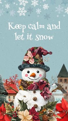 a christmas card with a snowman wearing a hat and poinsettis on it