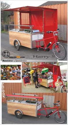 the food cart is made out of wood and metal, with two bicycles parked next to it